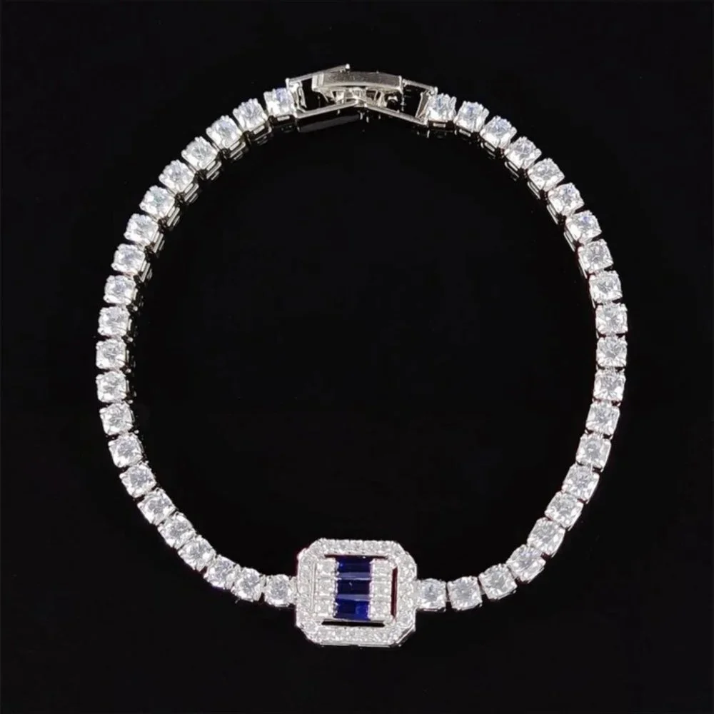 NEW “7” LUXURY 3MM DIAMOND BLUE’GREEN’ SILVER’ S925 STERLING BRACELET - Picture 4 of 5
